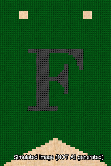 A simulated image of the stitched needlepoint design: Banner 13m Forked F Black on Green. Not A.I. generated.