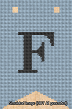 A simulated image of the stitched needlepoint design: Banner 13m Forked F Black on Light Blue. Not A.I. generated.