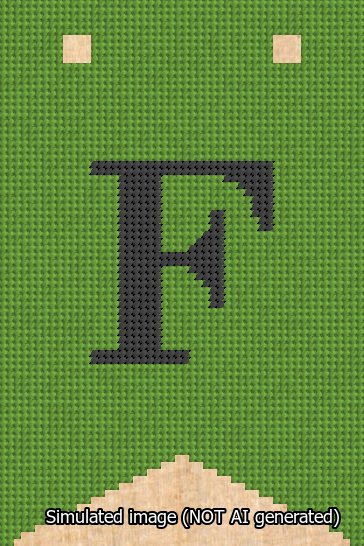A simulated image of the stitched needlepoint design: Banner 13m Forked F Black on Light Green. Not A.I. generated.