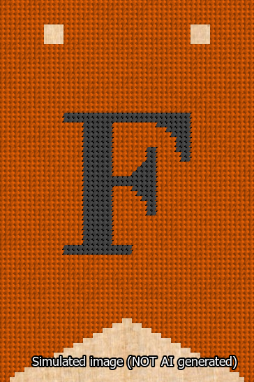 A simulated image of the stitched needlepoint design: Banner 13m Forked F Black on Orange. Not A.I. generated.