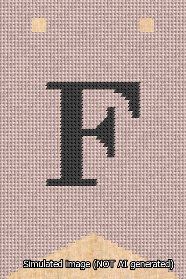 A simulated image of the stitched needlepoint design: Banner 13m Forked F Black on Pink. Not A.I. generated.