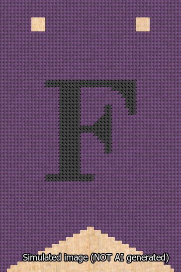 A simulated image of the stitched needlepoint design: Banner 13m Forked F Black on Purple. Not A.I. generated.