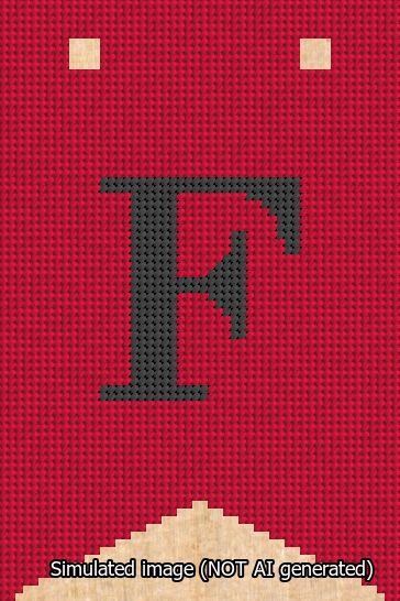 A simulated image of the stitched needlepoint design: Banner 13m Forked F Black on Red. Not A.I. generated.