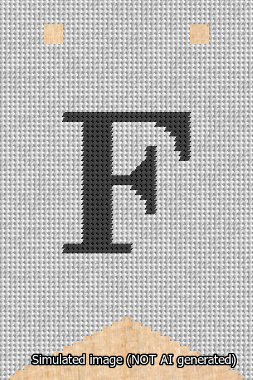 A simulated image of the stitched needlepoint design: Banner 13m Forked F Black on White. Not A.I. generated.