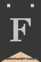 A simulated image of the stitched needlepoint design: Banner 13m Forked F White on Black. Not A.I. generated.