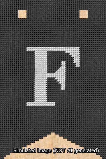 A simulated image of the stitched needlepoint design: Banner 13m Forked F White on Black. Not A.I. generated.
