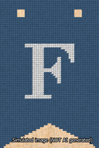 A simulated image of the stitched needlepoint design: Banner 13m Forked F White on Blue. Not A.I. generated.