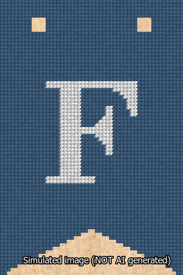 A simulated image of the stitched needlepoint design: Banner 13m Forked F White on Blue. Not A.I. generated.