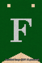 A simulated image of the stitched needlepoint design: Banner 13m Forked F White on Green. Not A.I. generated.