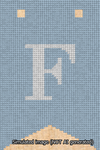 A simulated image of the stitched needlepoint design: Banner 13m Forked F White on Light Blue. Not A.I. generated.