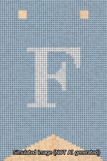 A simulated image of the stitched needlepoint design: Banner 13m Forked F White on Light Blue. Not A.I. generated.