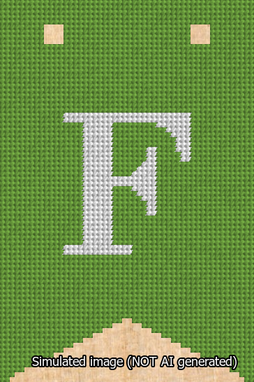 A simulated image of the stitched needlepoint design: Banner 13m Forked F White on Light Green. Not A.I. generated.