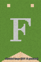 A simulated image of the stitched needlepoint design: Banner 13m Forked F White on Light Green. Not A.I. generated.