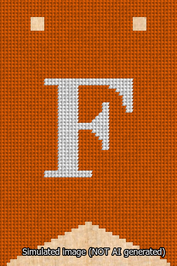 A simulated image of the stitched needlepoint design: Banner 13m Forked F White on Orange. Not A.I. generated.