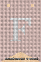 A simulated image of the stitched needlepoint design: Banner 13m Forked F White on Pink. Not A.I. generated.