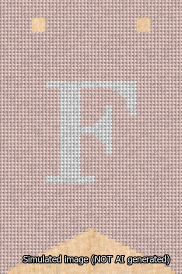 A simulated image of the stitched needlepoint design: Banner 13m Forked F White on Pink. Not A.I. generated.