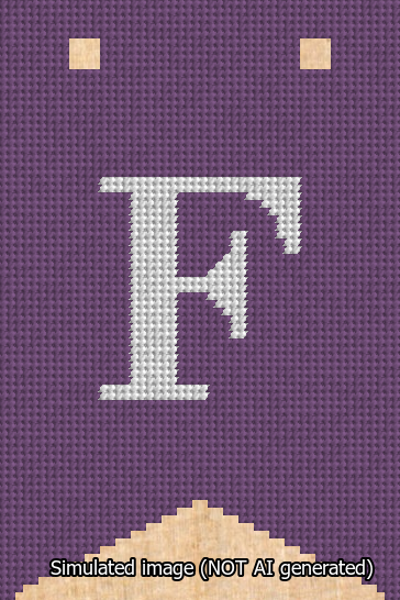 A simulated image of the stitched needlepoint design: Banner 13m Forked F White on Purple. Not A.I. generated.