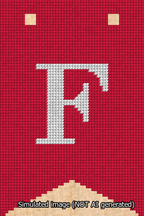 A simulated image of the stitched needlepoint design: Banner 13m Forked F White on Red. Not A.I. generated.