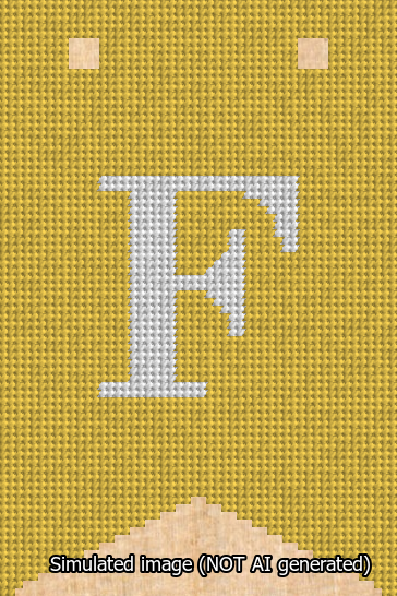 A simulated image of the stitched needlepoint design: Banner 13m Forked F White on Yellow. Not A.I. generated.