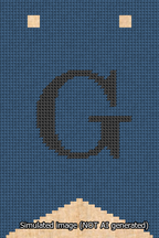 A simulated image of the stitched needlepoint design: Banner 13m Forked G Black on Blue. Not A.I. generated.