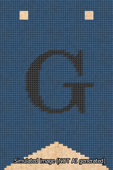 A simulated image of the stitched needlepoint design: Banner 13m Forked G Black on Blue. Not A.I. generated.