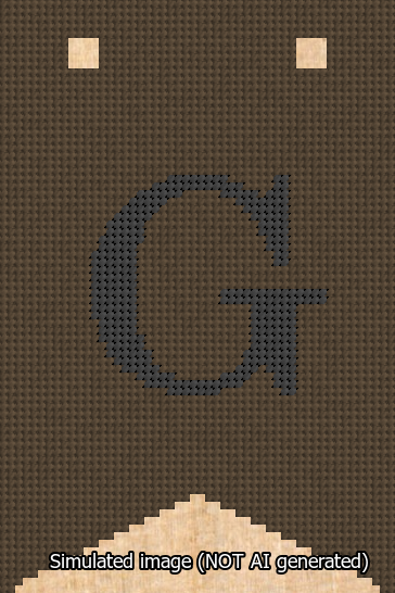 A simulated image of the stitched needlepoint design: Banner 13m Forked G Black on Brown. Not A.I. generated.