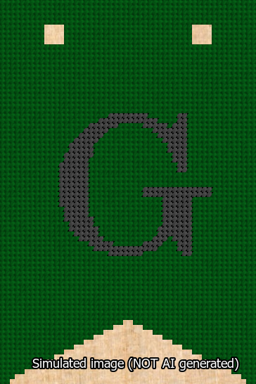 A simulated image of the stitched needlepoint design: Banner 13m Forked G Black on Green. Not A.I. generated.