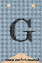 A simulated image of the stitched needlepoint design: Banner 13m Forked G Black on Light Blue. Not A.I. generated.