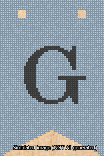 A simulated image of the stitched needlepoint design: Banner 13m Forked G Black on Light Blue. Not A.I. generated.