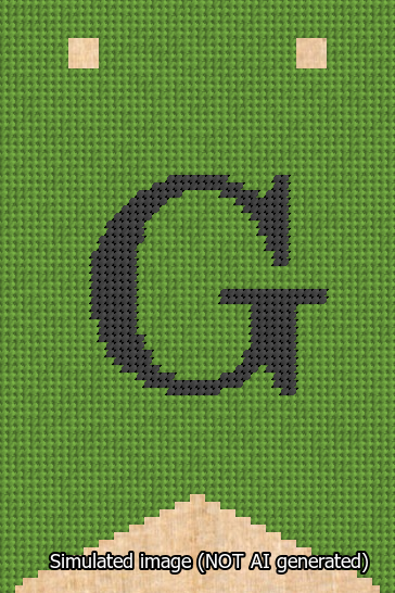 A simulated image of the stitched needlepoint design: Banner 13m Forked G Black on Light Green. Not A.I. generated.