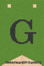 A simulated image of the stitched needlepoint design: Banner 13m Forked G Black on Light Green. Not A.I. generated.