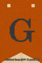 A simulated image of the stitched needlepoint design: Banner 13m Forked G Black on Orange. Not A.I. generated.