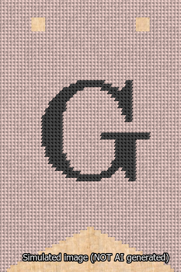 A simulated image of the stitched needlepoint design: Banner 13m Forked G Black on Pink. Not A.I. generated.