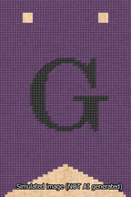 A simulated image of the stitched needlepoint design: Banner 13m Forked G Black on Purple. Not A.I. generated.