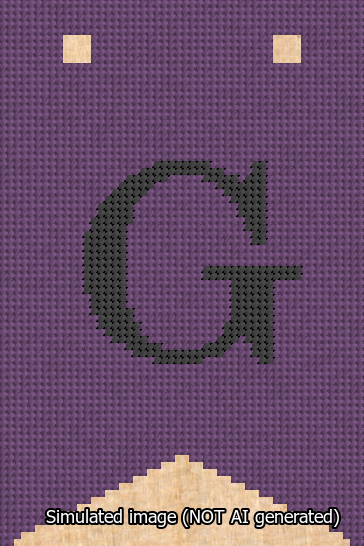 A simulated image of the stitched needlepoint design: Banner 13m Forked G Black on Purple. Not A.I. generated.