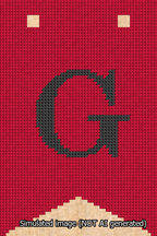 A simulated image of the stitched needlepoint design: Banner 13m Forked G Black on Red. Not A.I. generated.