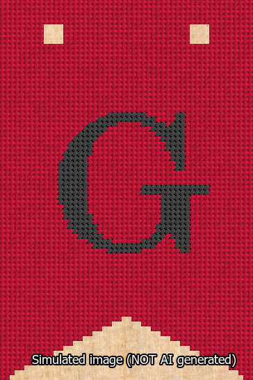 A simulated image of the stitched needlepoint design: Banner 13m Forked G Black on Red. Not A.I. generated.