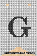 A simulated image of the stitched needlepoint design: Banner 13m Forked G Black on White. Not A.I. generated.