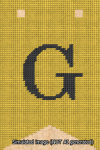 A simulated image of the stitched needlepoint design: Banner 13m Forked G Black on Yellow. Not A.I. generated.