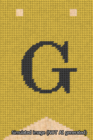 A simulated image of the stitched needlepoint design: Banner 13m Forked G Black on Yellow. Not A.I. generated.