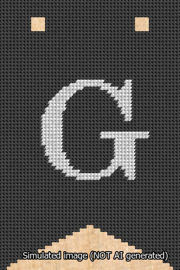 A simulated image of the stitched needlepoint design: Banner 13m Forked G White on Black. Not A.I. generated.