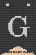 A simulated image of the stitched needlepoint design: Banner 13m Forked G White on Black. Not A.I. generated.