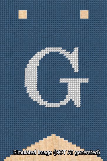 A simulated image of the stitched needlepoint design: Banner 13m Forked G White on Blue. Not A.I. generated.