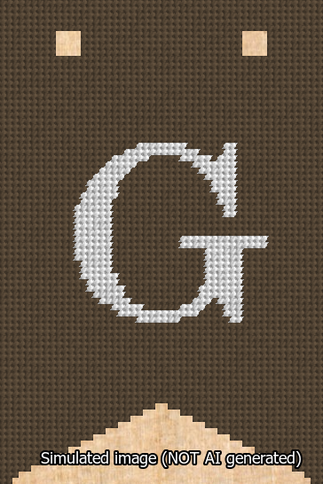 A simulated image of the stitched needlepoint design: Banner 13m Forked G White on Brown. Not A.I. generated.