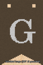 A simulated image of the stitched needlepoint design: Banner 13m Forked G White on Brown. Not A.I. generated.