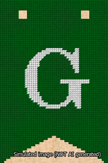 A simulated image of the stitched needlepoint design: Banner 13m Forked G White on Green. Not A.I. generated.