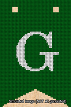 A simulated image of the stitched needlepoint design: Banner 13m Forked G White on Green. Not A.I. generated.