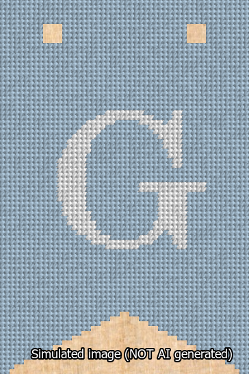 A simulated image of the stitched needlepoint design: Banner 13m Forked G White on Light Blue. Not A.I. generated.