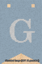 A simulated image of the stitched needlepoint design: Banner 13m Forked G White on Light Blue. Not A.I. generated.