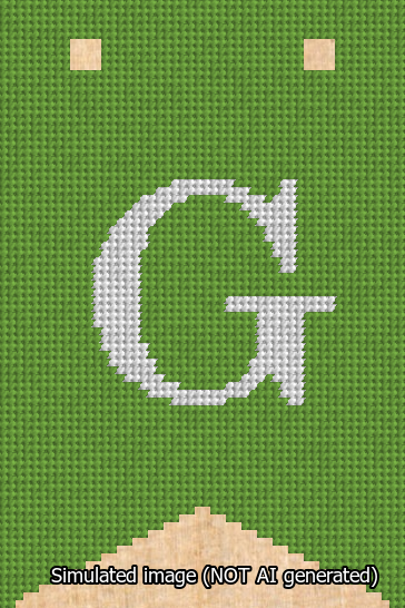 A simulated image of the stitched needlepoint design: Banner 13m Forked G White on Light Green. Not A.I. generated.